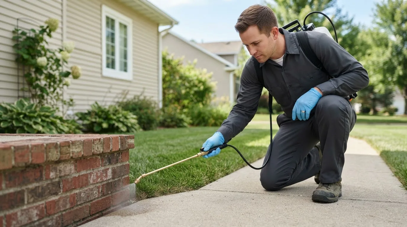 Pest control technician treating a home near Lanse, MI