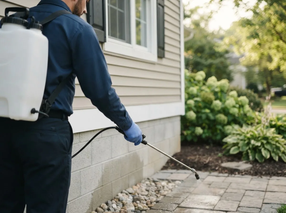 Pest control technician inspecting a home in Lanse, MI